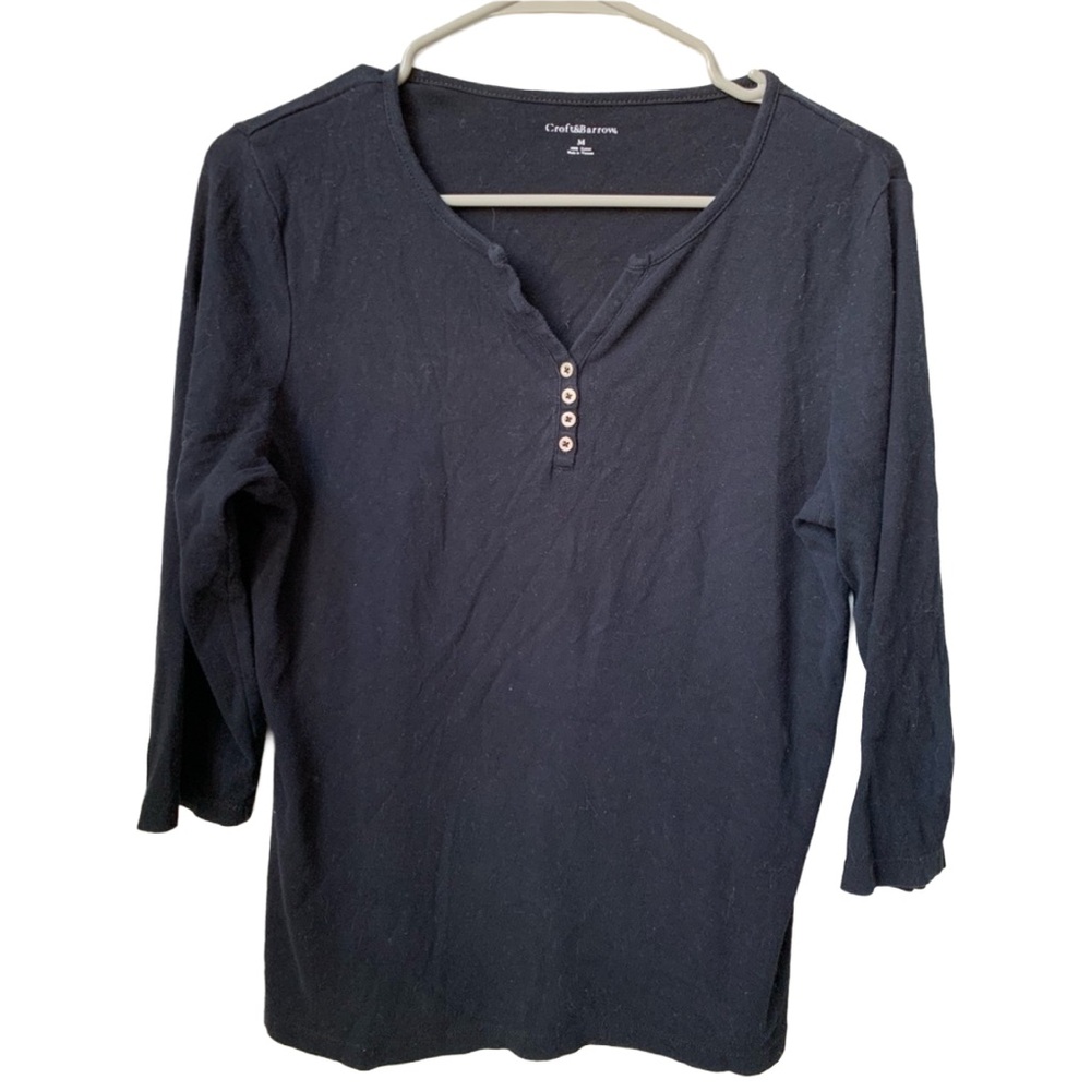 CROFT & BARROW Women’s Black 3/4 Sleeve Henley 1/4 Button Front Cotton Tee Shirt